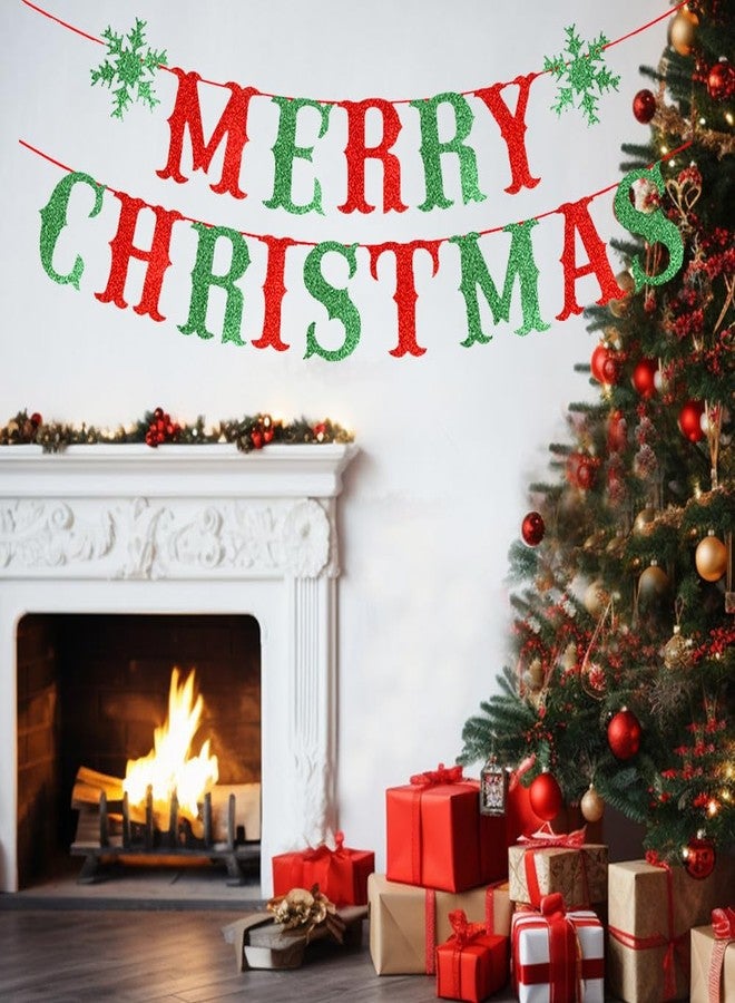 Yahpetes Merry Christmas Banner Glitter Red and Green Xmas Sign with Snowflake Decorations Bunting Garland Snowflake Party Supplies Set for for Home Fireplace Decor - Image 5